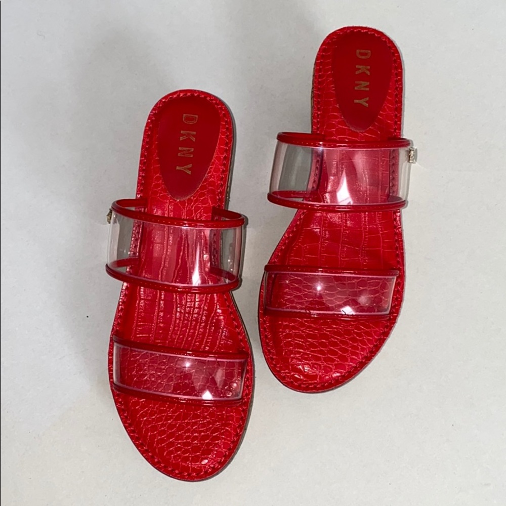 DKNY Red/clear wedged heal sandal SZ 9.5 M